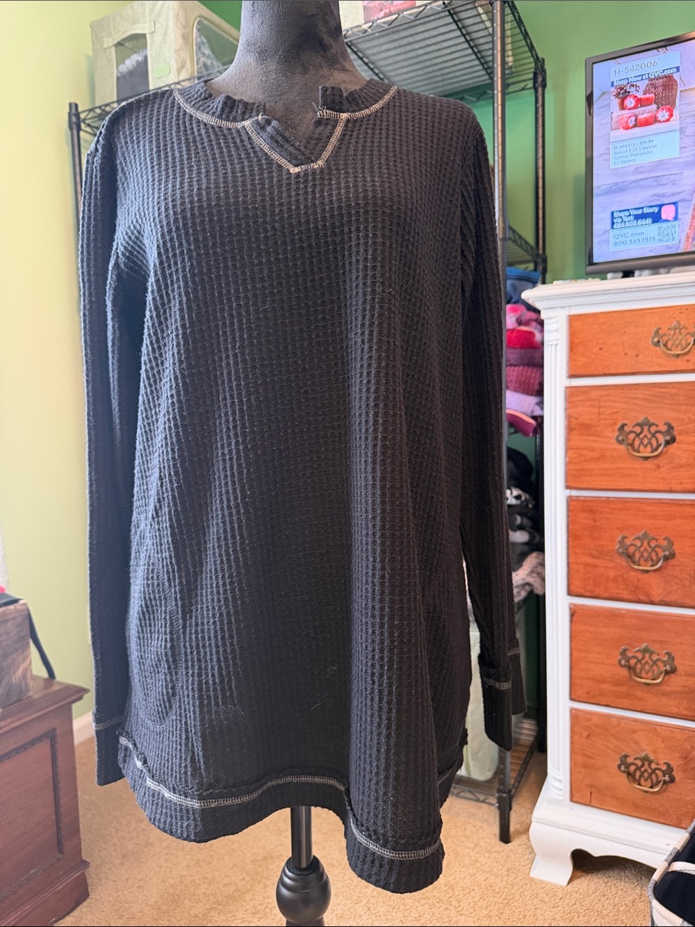 LOGO by Lori Goldstein Black Waffle-Knit Tunic Top